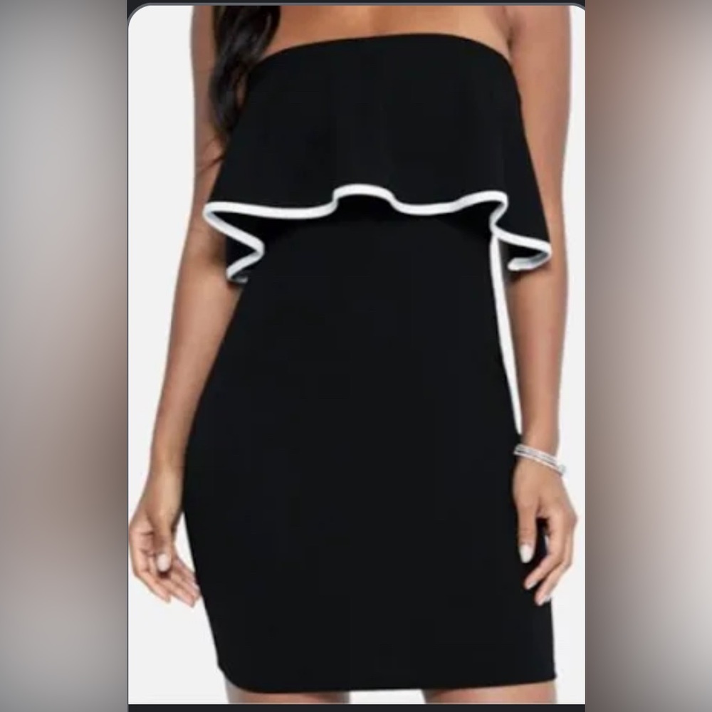 Small Bebe black/white strapless ruffle mini dress